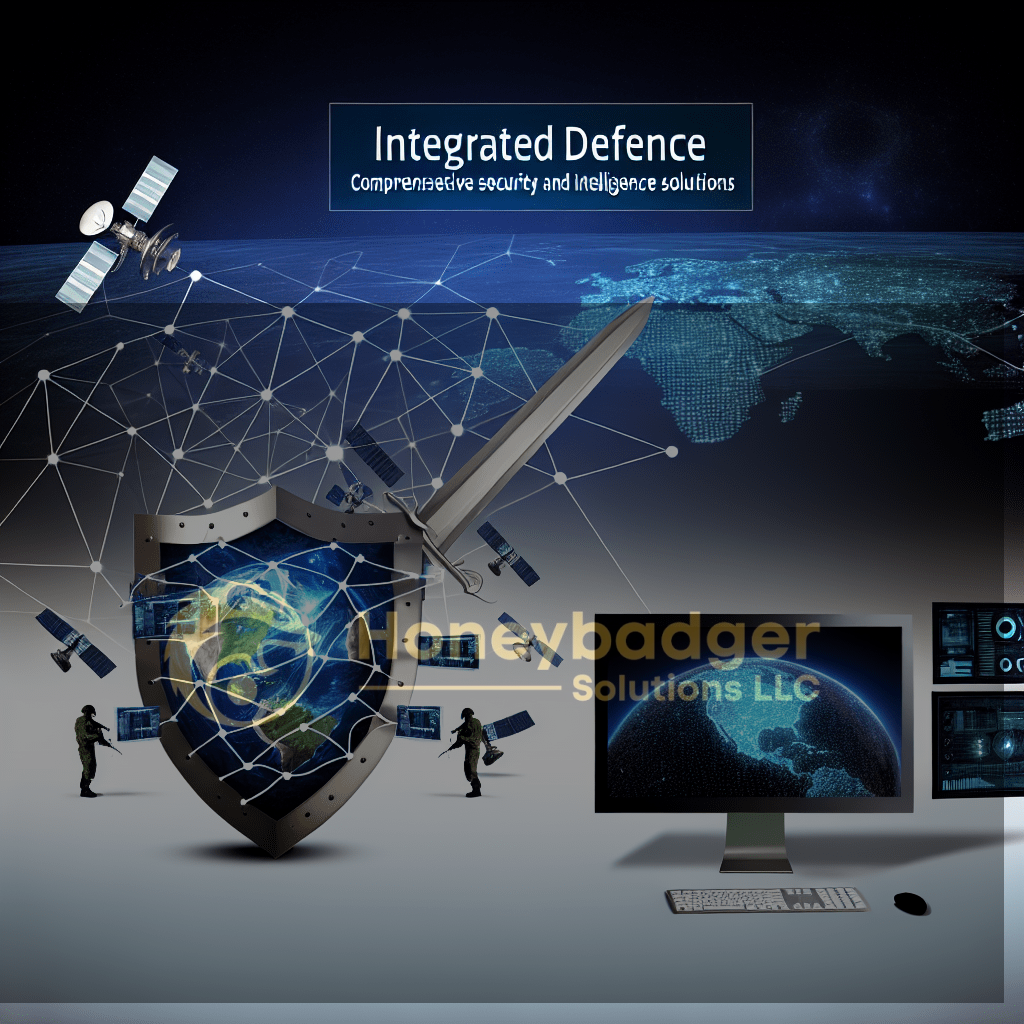 Integrated Defence themed illustration with a shield enclosing a globe, satellites, and a high-tech control setup, representing global security and intelligence solutions