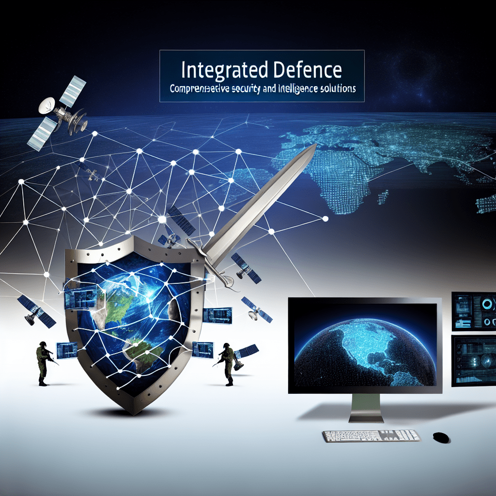Integrated Defence themed illustration with a shield enclosing a globe, satellites, and a high-tech control setup, representing global security and intelligence solutions