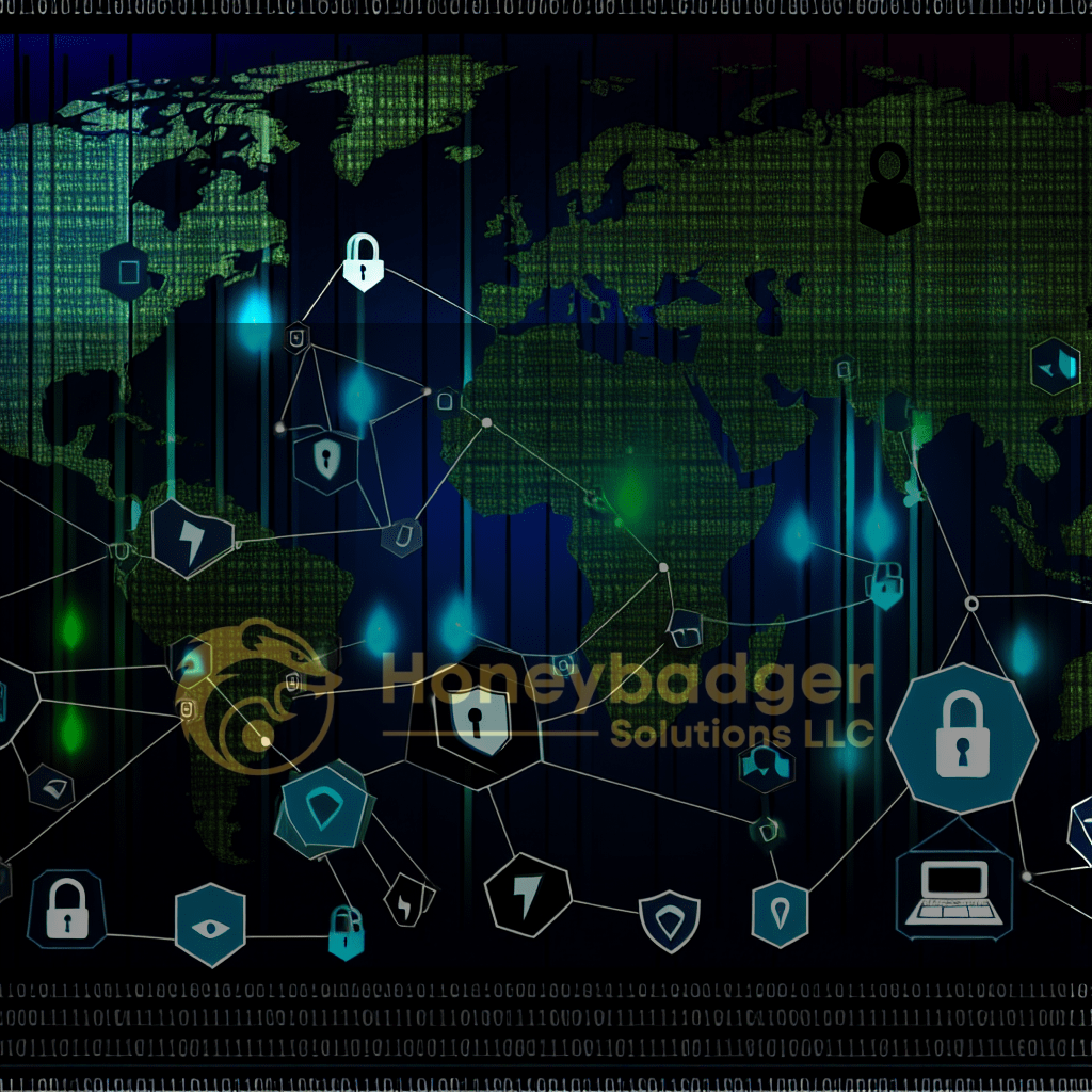 Global cybersecurity and physical security illustration featuring a world map in green and blue, interconnected with lines and shield icons, highlighting Honeybadger Solutions' security strategy