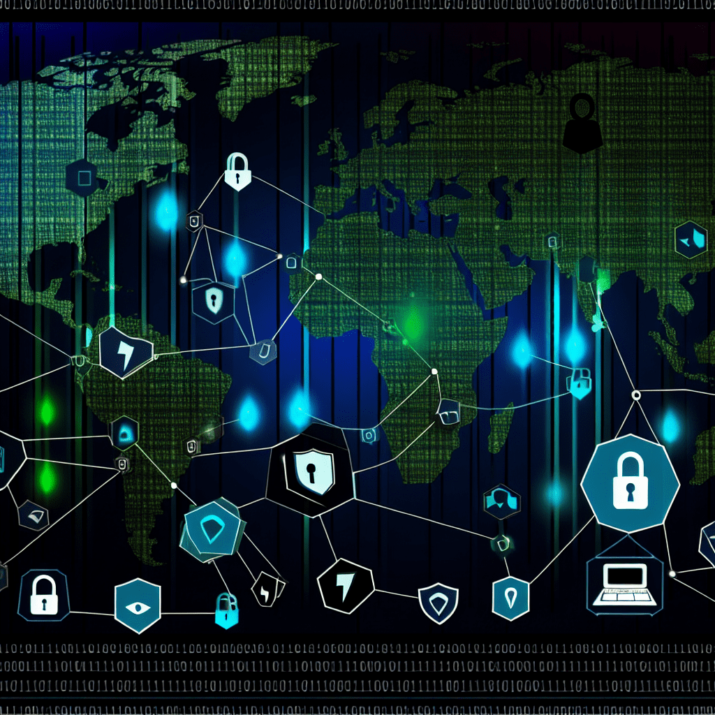 Global cybersecurity and physical security illustration featuring a world map in green and blue, interconnected with lines and shield icons, highlighting Honeybadger Solutions' security strategy