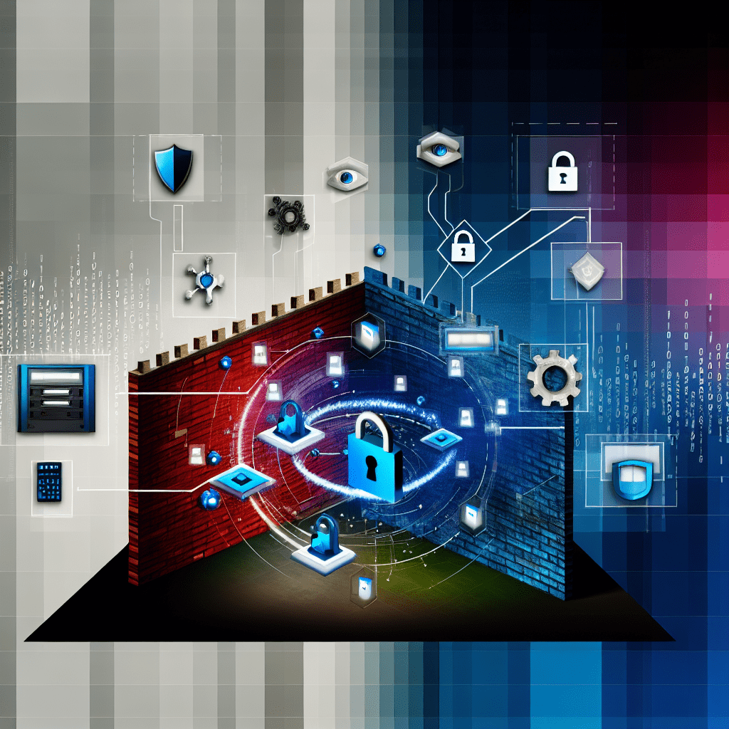 Blue and cyan digital security illustration featuring locks, shields, and network diagrams representing integrated physical and cyber security