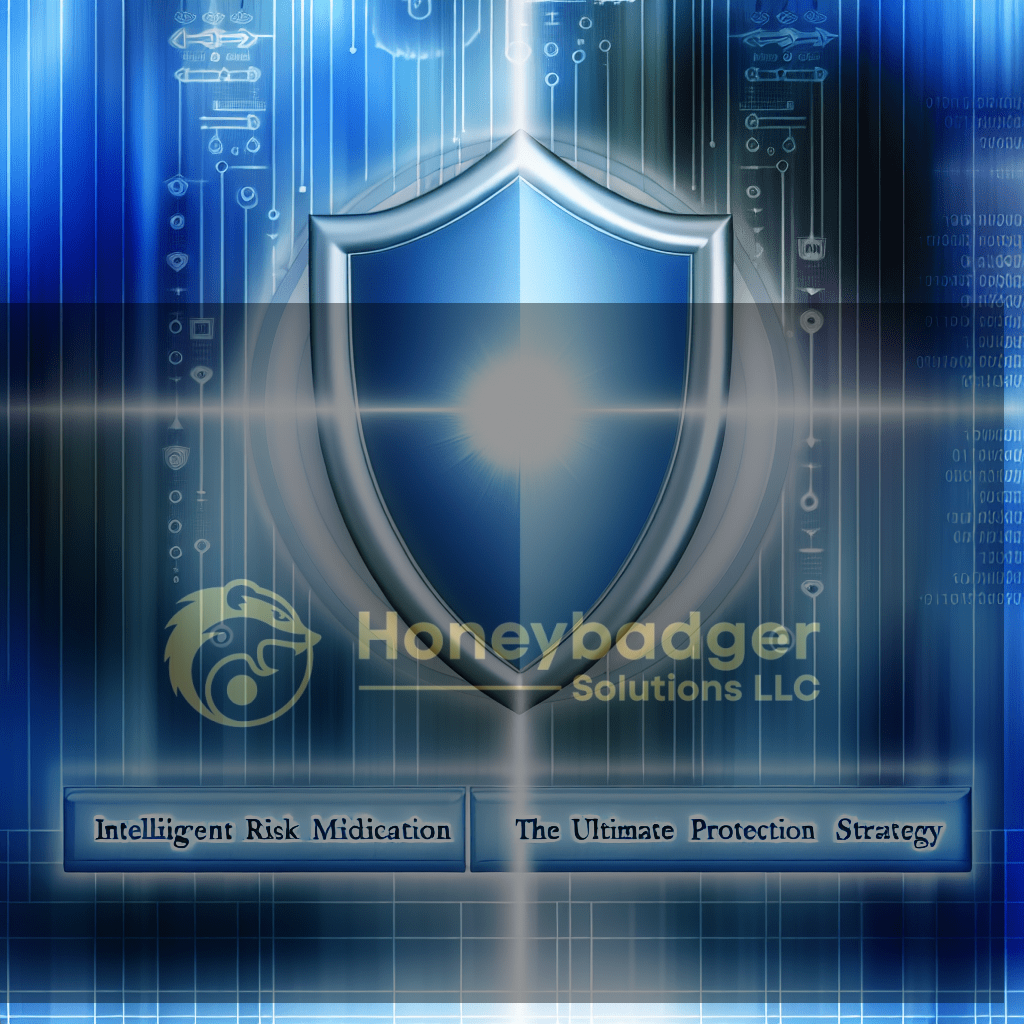 Blue shield graphic symbolizing intelligent risk mitigation and protection strategy, associated with Honeybadger Solutions LLC and its protective approach