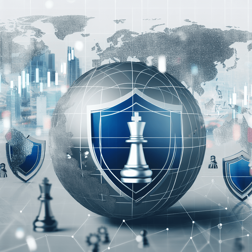Global security concept showing a silver globe with blue shield emblems and a chess king at the center, representing Honeybadger Solutions' integrated defense approach.
