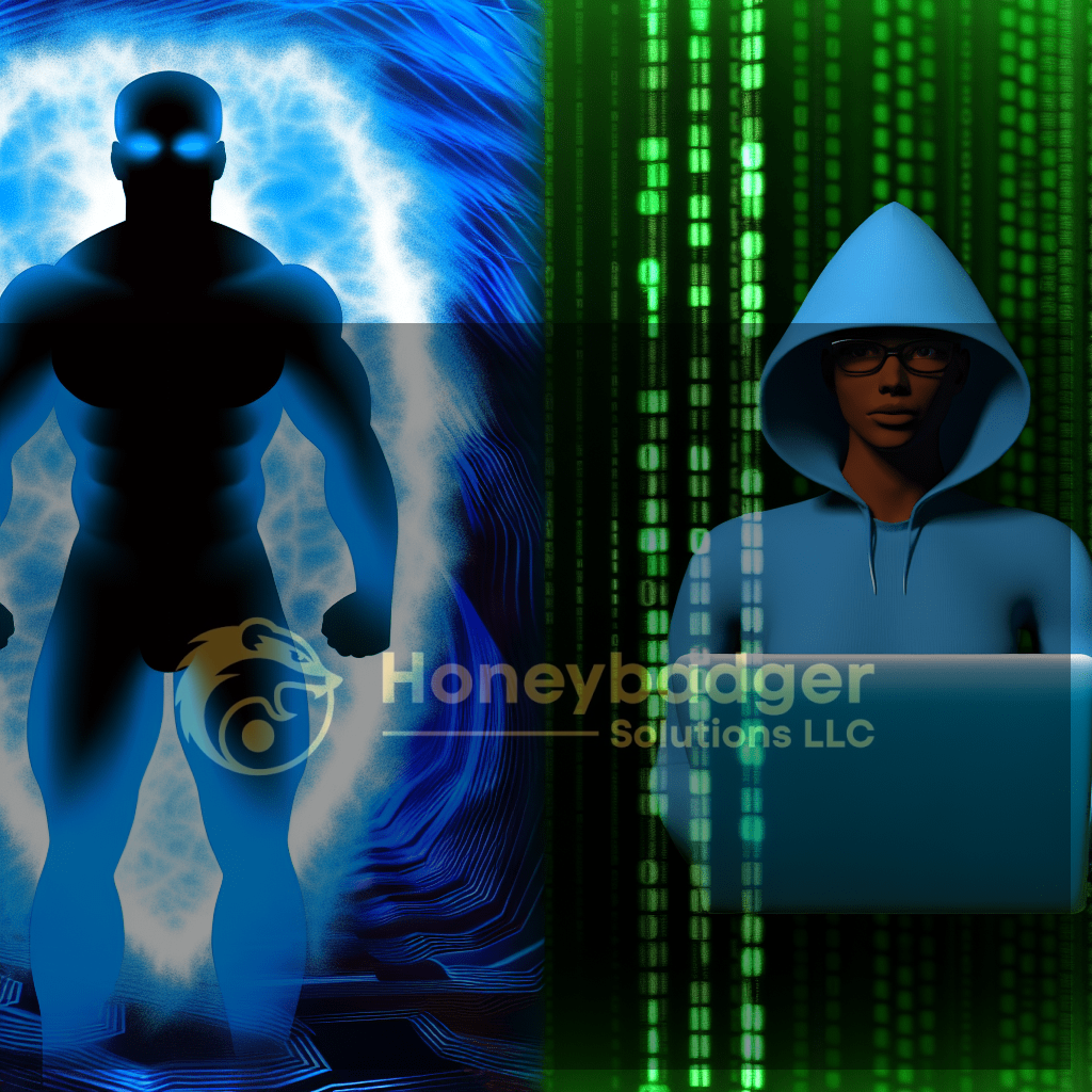 Blue glowing silhouette on the left with a hooded hacker and laptop on the right, illustrating hybrid security concepts from Honeybadger Solutions LLC.