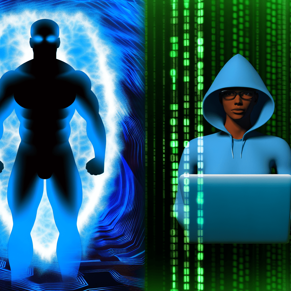 Blue glowing silhouette on the left with a hooded hacker and laptop on the right, illustrating hybrid security concepts from Honeybadger Solutions LLC.