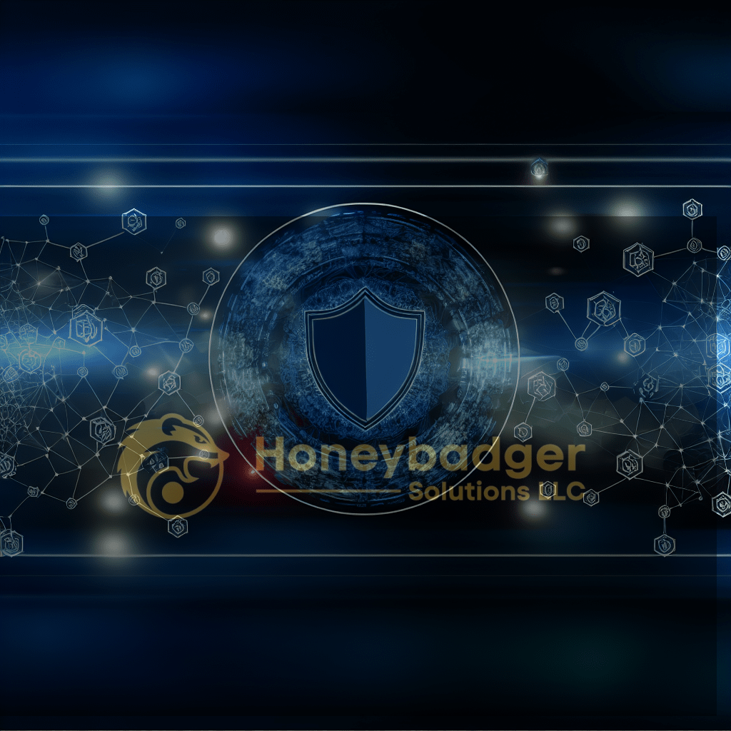 Blue circular shield concept illustrating strategic integrated security and risk mitigation by Honeybadger Solutions, with digital network lines in the background