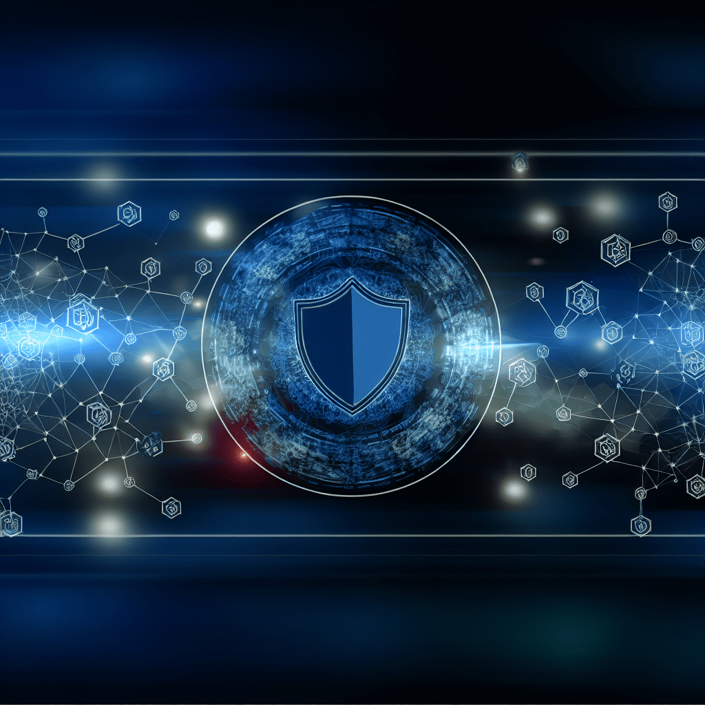 Blue circular shield concept illustrating strategic integrated security and risk mitigation by Honeybadger Solutions, with digital network lines in the background