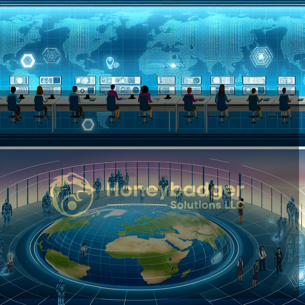 Blue-toned security operations center featuring analysts at workstations, a digital world map and connected interfaces, illustrating global cyber-physical security concepts