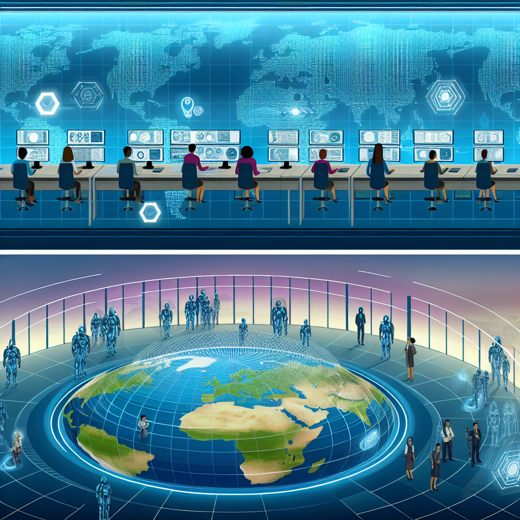 Blue-toned security operations center featuring analysts at workstations, a digital world map and connected interfaces, illustrating global cyber-physical security concepts