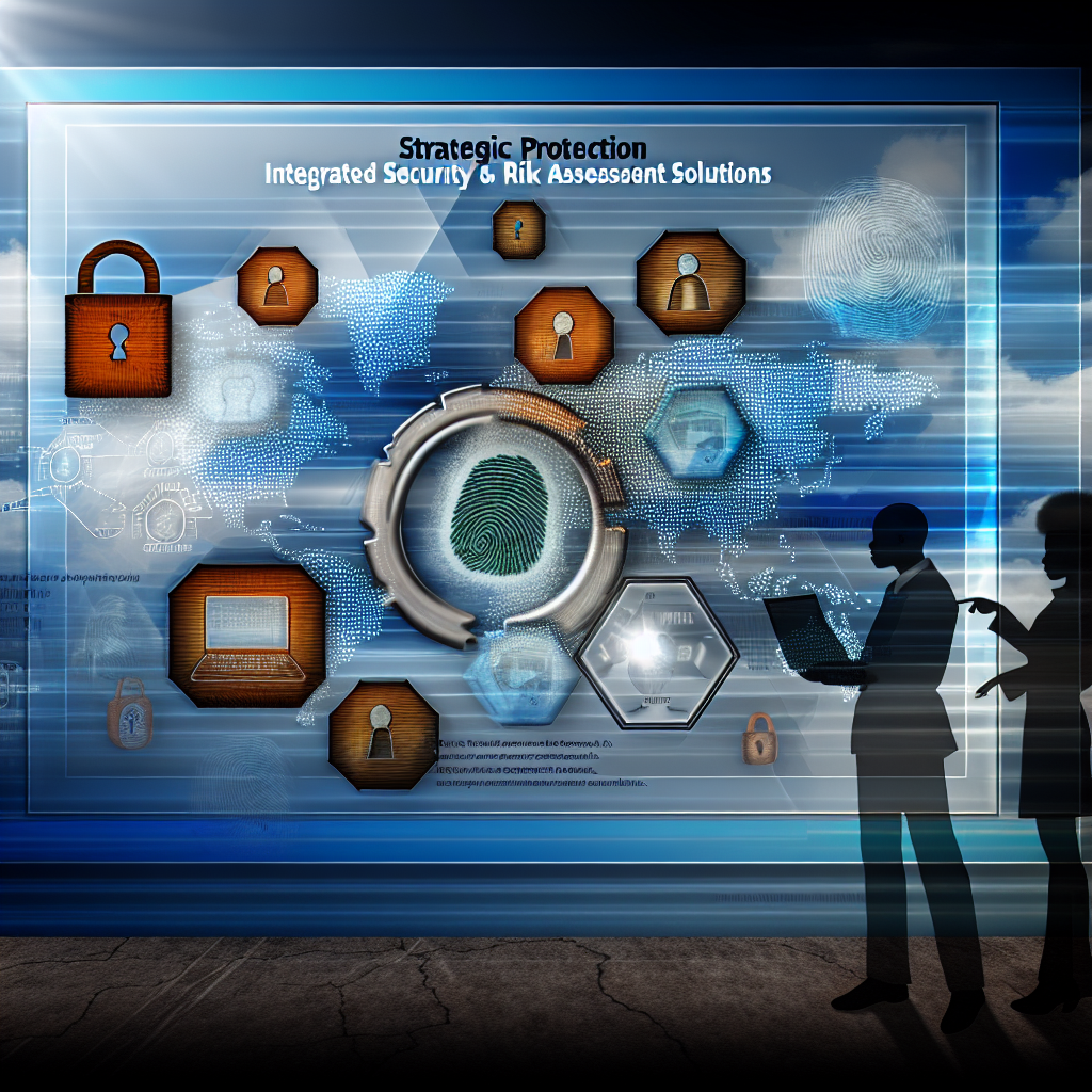Visual representation of integrated security and risk assessment solutions with digital icons and fingerprint.