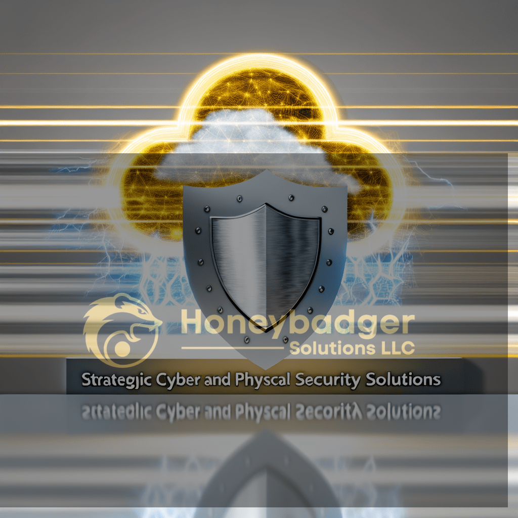 Honeybadger Solutions image showing a metallic shield centered on a golden glowing cloud with blue lightning lines, symbolizing strategic cyber and physical security solutions