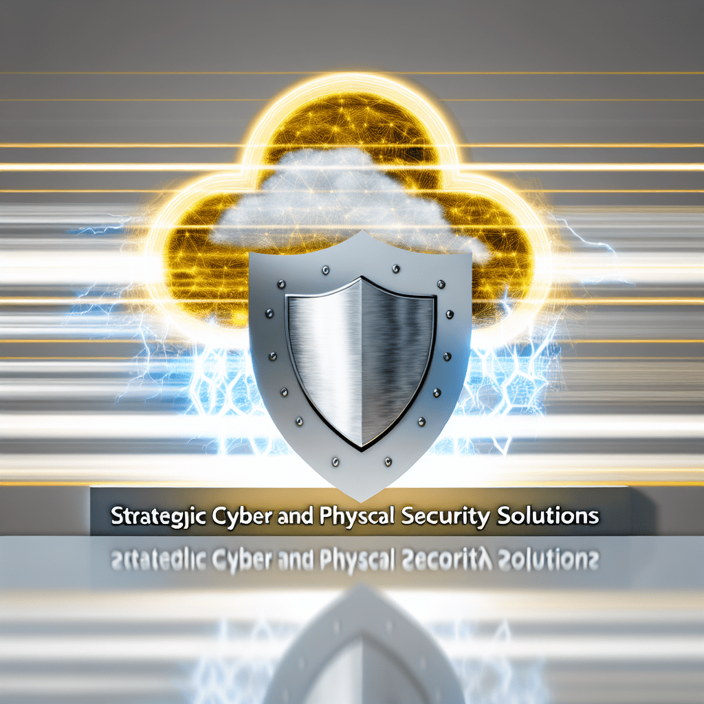 Honeybadger Solutions image showing a metallic shield centered on a golden glowing cloud with blue lightning lines, symbolizing strategic cyber and physical security solutions