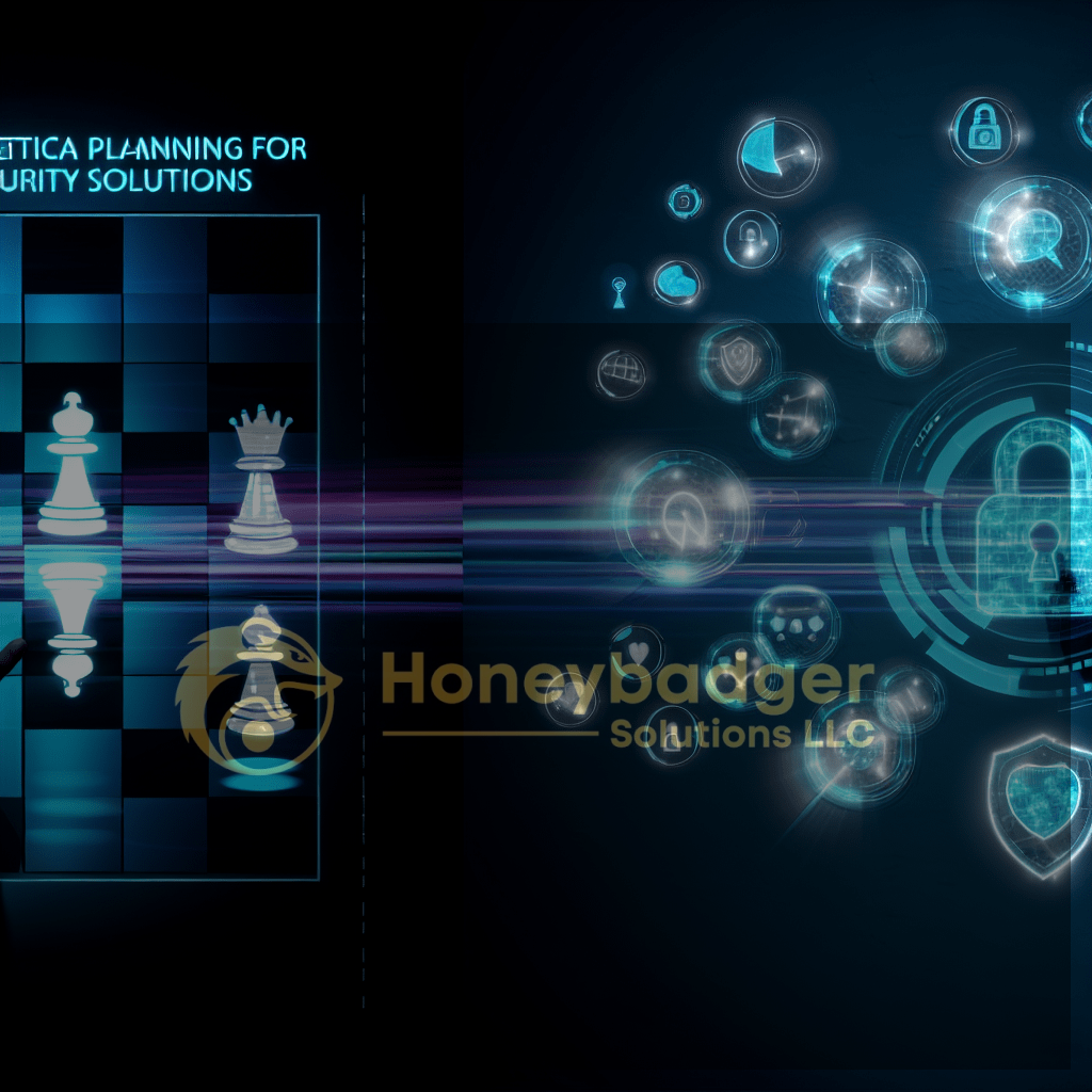 Blue digital security illustration featuring a chessboard with white pieces on the left and a stream of holographic security icons on the right, symbolizing strategic cybersecurity planning