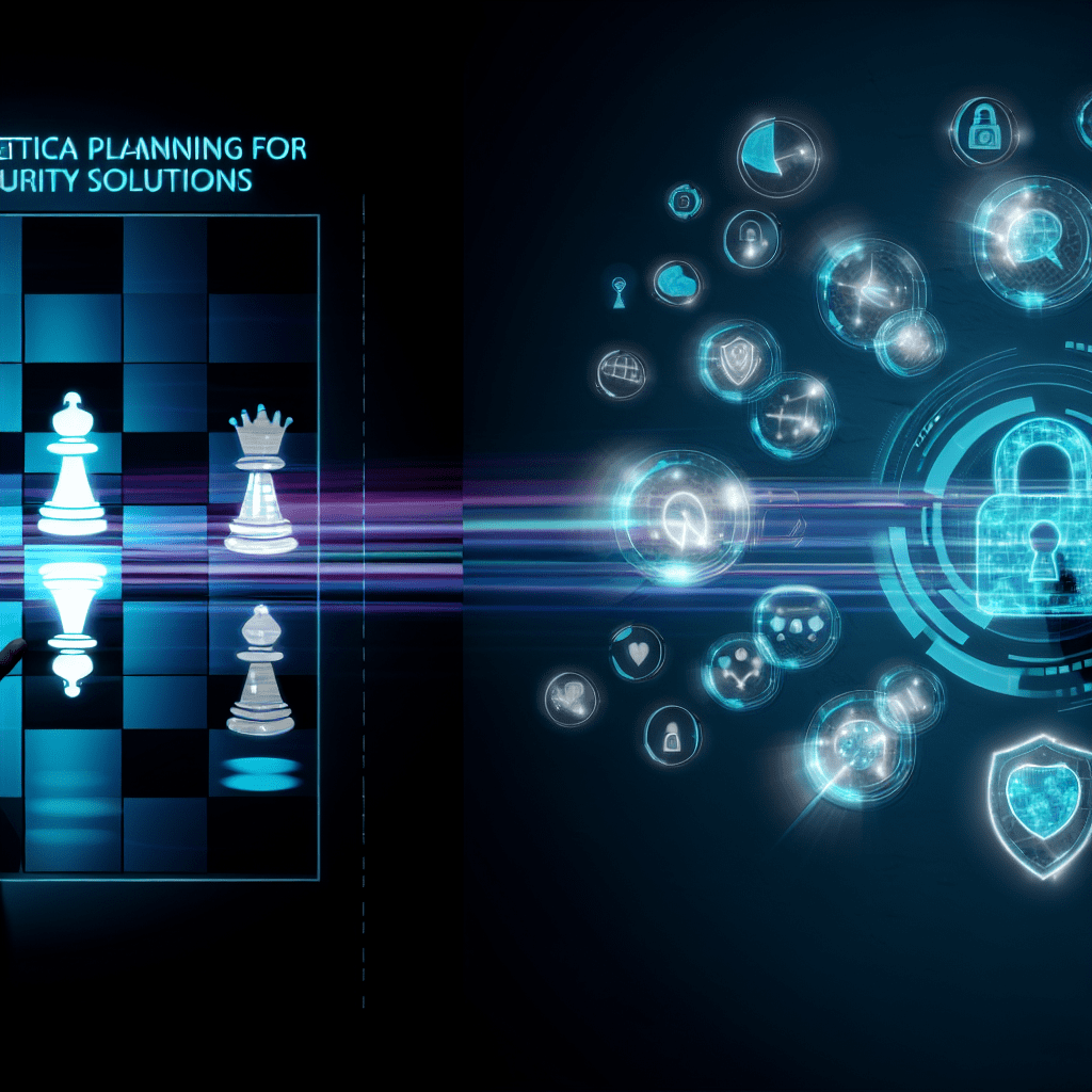 Blue digital security illustration featuring a chessboard with white pieces on the left and a stream of holographic security icons on the right, symbolizing strategic cybersecurity planning