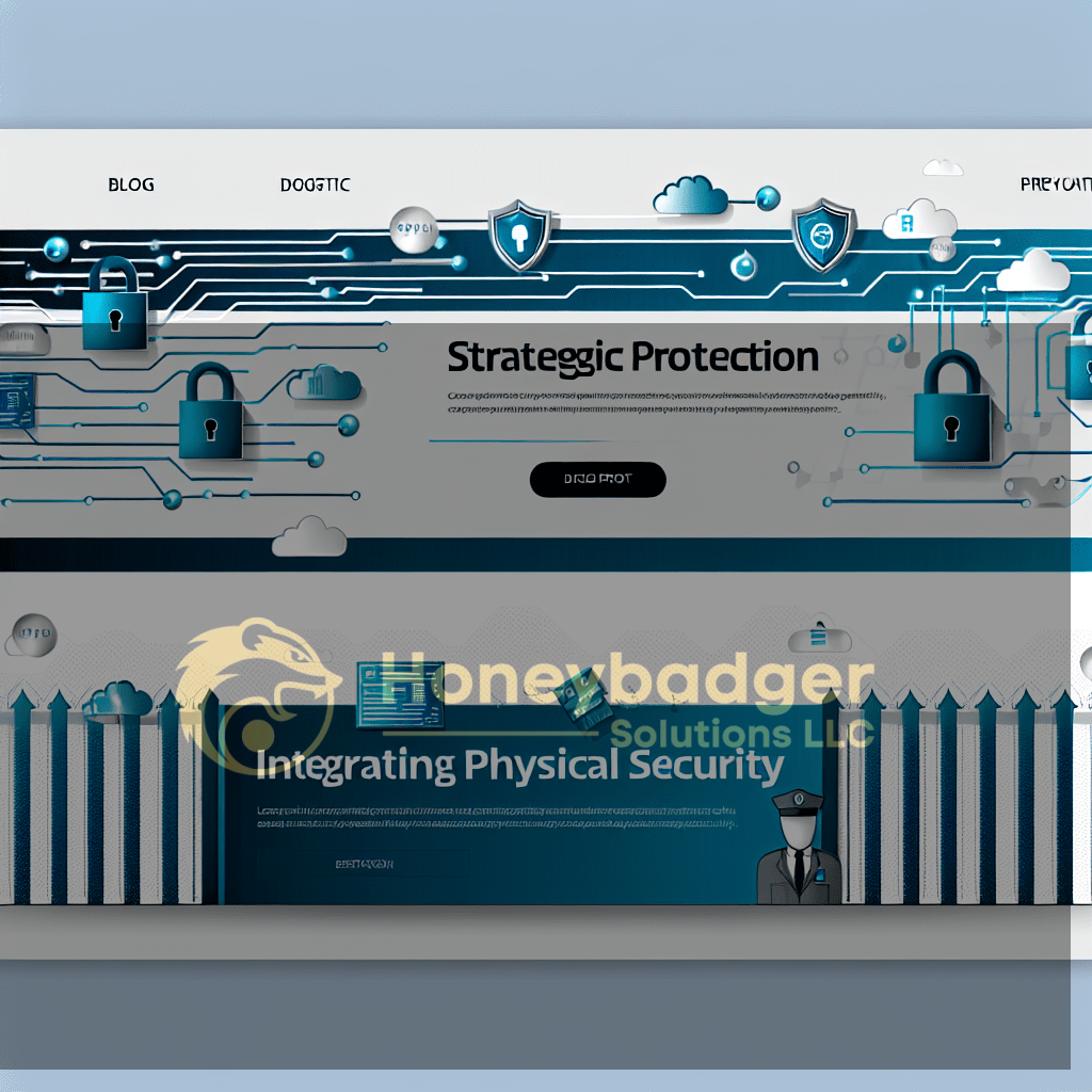Blue digital security banner with padlocks, shield icons and circuit-like lines, linked to Honeybadger Solutions' Strategic Protection article on cyber and physical security