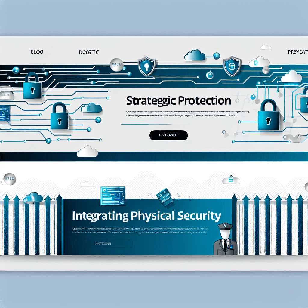 Blue digital security banner with padlocks, shield icons and circuit-like lines, linked to Honeybadger Solutions' Strategic Protection article on cyber and physical security
