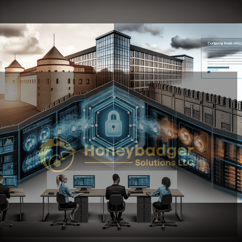 Illustration of a security operations center with multiple monitors, a central blue holographic lock, and fortress-like exterior, representing integrated security intelligence and threat mitigation, with JPMorgan Chase referenced as an example