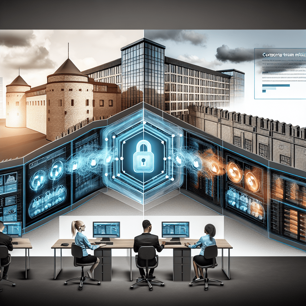 Illustration of a security operations center with multiple monitors, a central blue holographic lock, and fortress-like exterior, representing integrated security intelligence and threat mitigation, with JPMorgan Chase referenced as an example