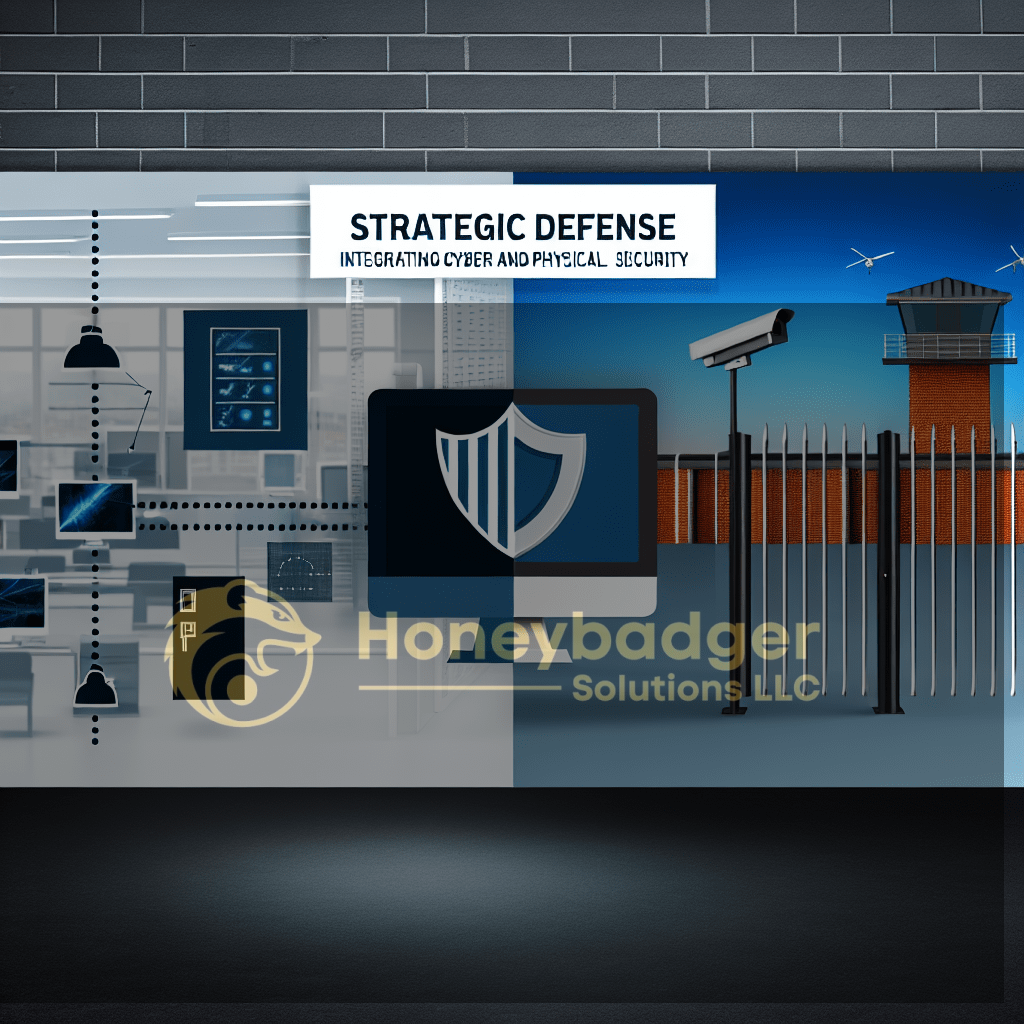 Blue and gray security-themed header image showing a computer monitor with a shield symbol, surveillance camera elements, and a fence, illustrating integrated cyber and physical security concepts
