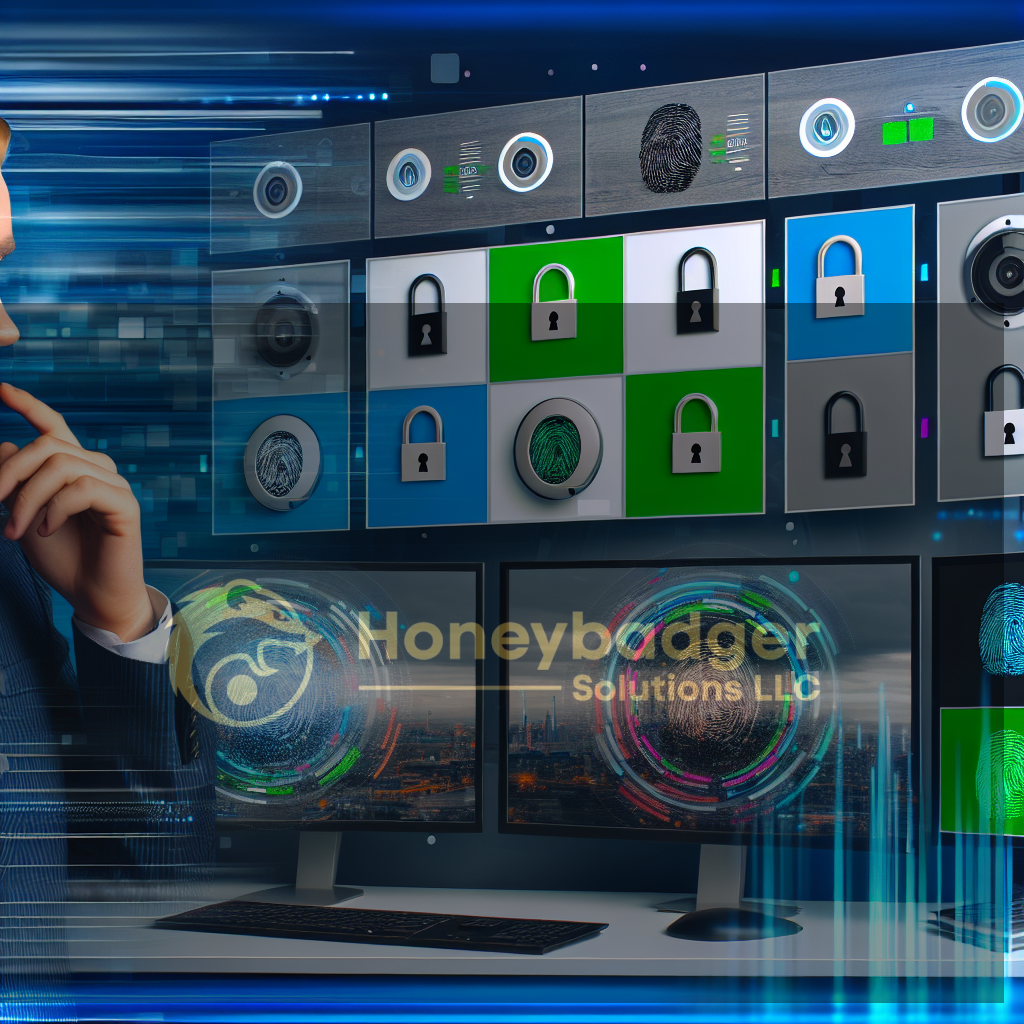 Blue-toned image depicting an integrated security dashboard with padlock tiles, fingerprint scanners, and multiple monitors illustrating physical and digital security by Honeybadger Solutions.