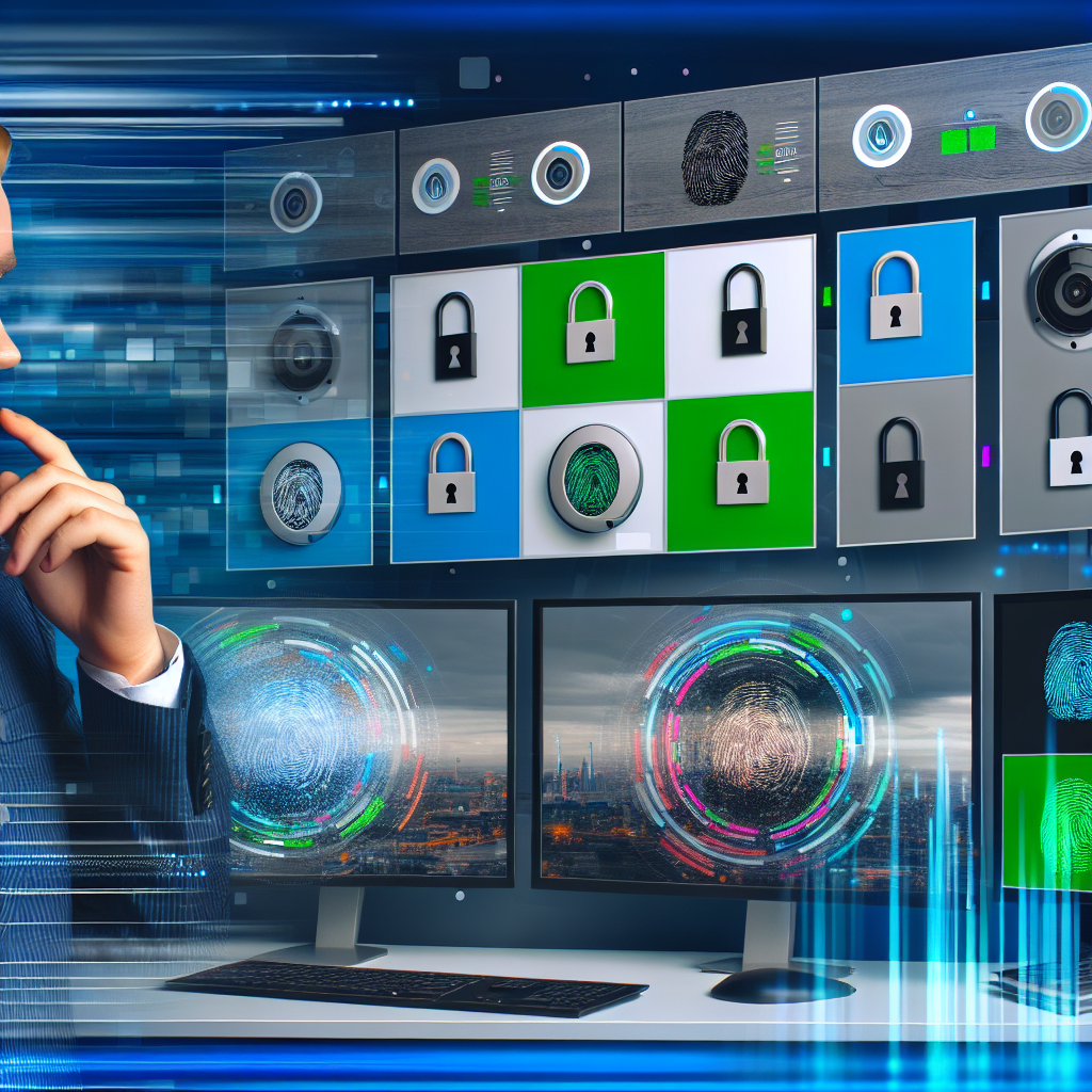 Blue-toned image depicting an integrated security dashboard with padlock tiles, fingerprint scanners, and multiple monitors illustrating physical and digital security by Honeybadger Solutions.