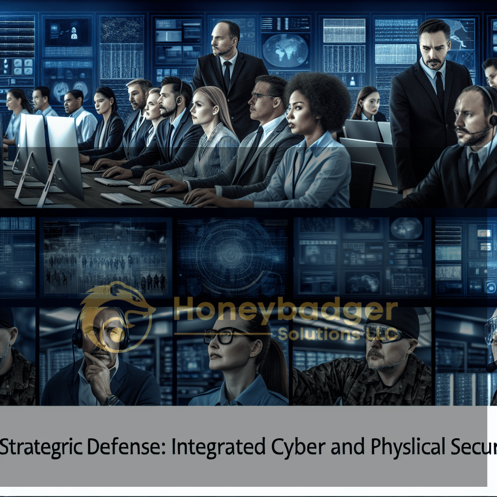 Blue-toned security operations scene with a diverse team at computers, monitoring multiple screens in a command center, reflecting integrated cyber and physical defense by Honeybadger Solutions LLC