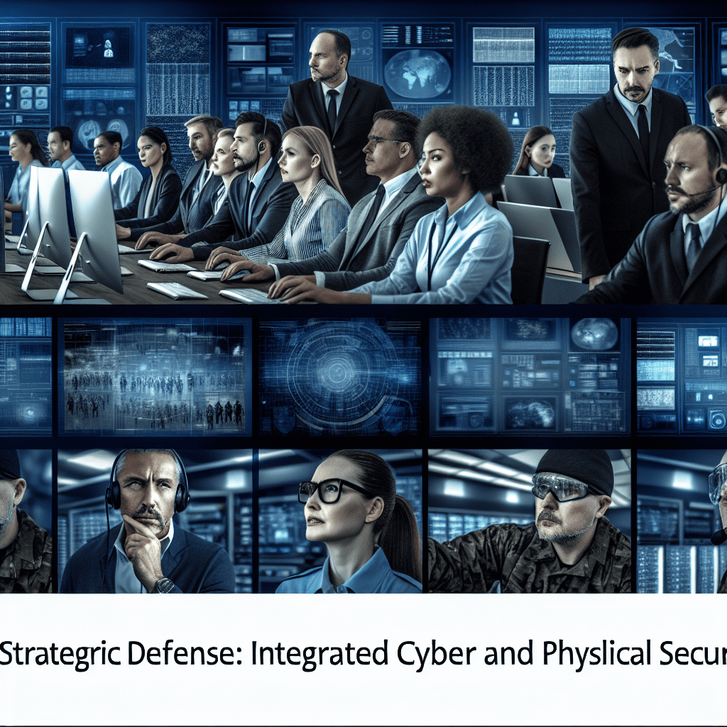 Blue-toned security operations scene with a diverse team at computers, monitoring multiple screens in a command center, reflecting integrated cyber and physical defense by Honeybadger Solutions LLC