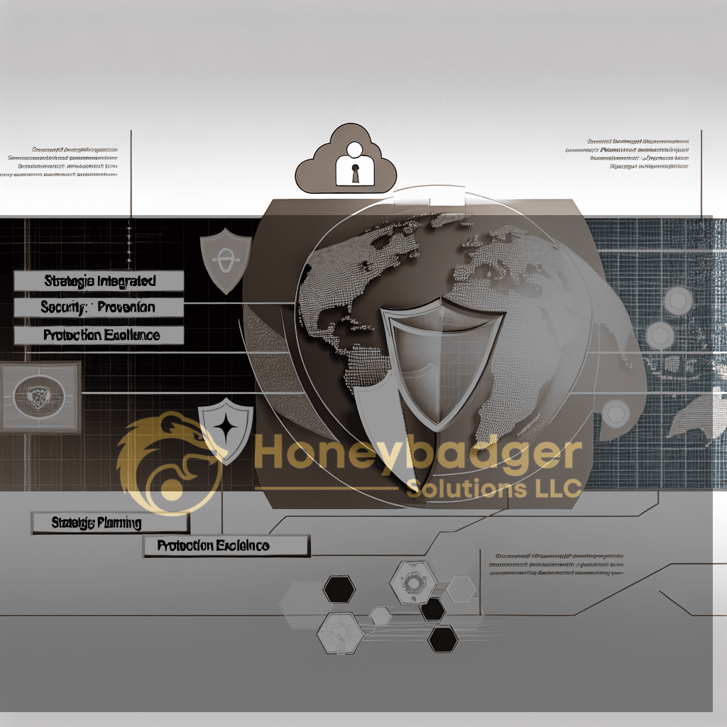 Gray globe graphic with shields and a cloud icon representing strategic integrated security, protection excellence, and planning by Honeybadger Solutions LLC