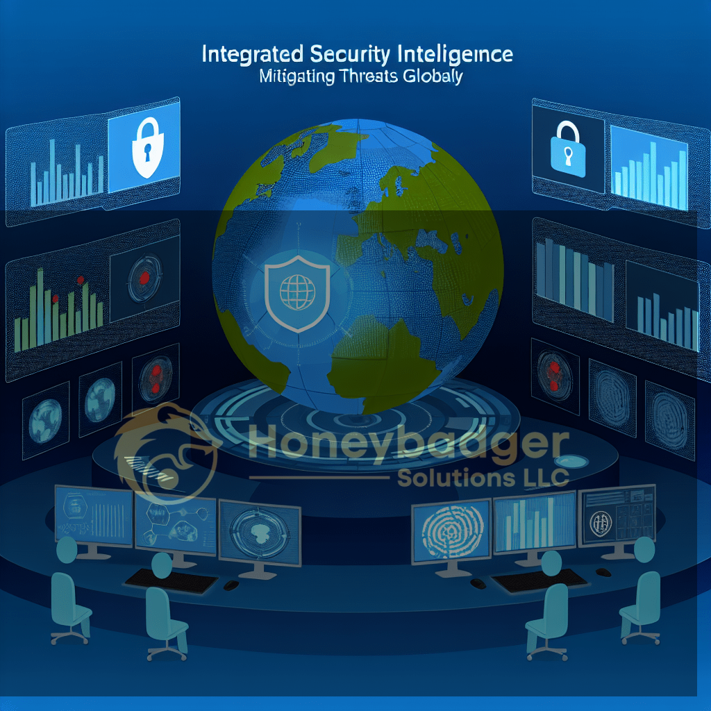 Blue globe with shield representing Integrated Security Intelligence (ISI) at Honeybadger Solutions LLC, featuring holographic global data dashboards and security monitoring