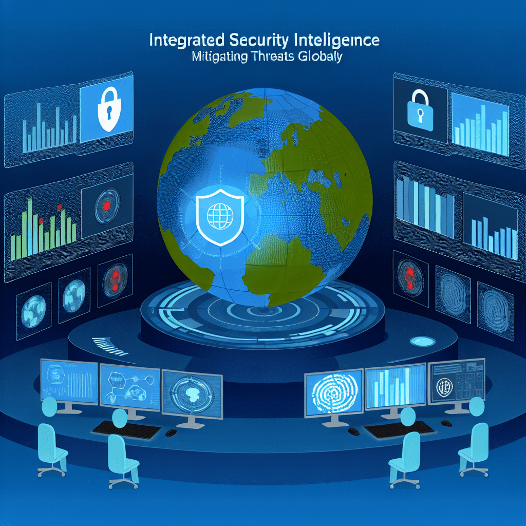 Blue globe with shield representing Integrated Security Intelligence (ISI) at Honeybadger Solutions LLC, featuring holographic global data dashboards and security monitoring