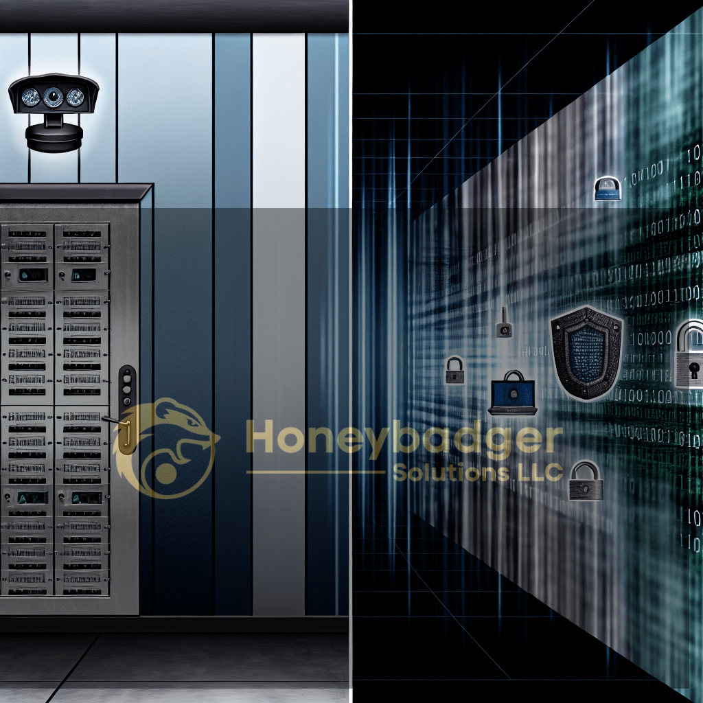 Blue data center wall with a surveillance camera overlooking server racks, illustrating Honeybadger Solutions' integrated cyber and physical security concepts with digital shields