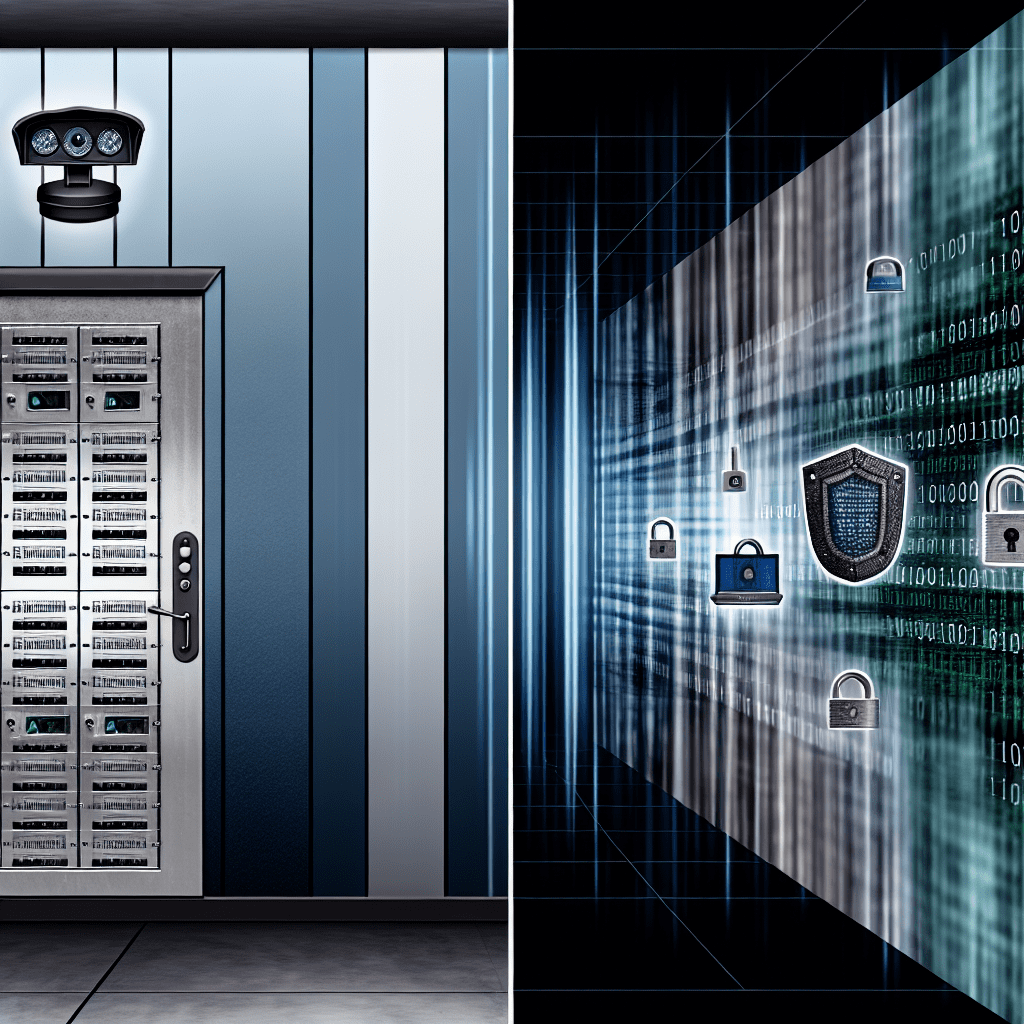 Blue data center wall with a surveillance camera overlooking server racks, illustrating Honeybadger Solutions' integrated cyber and physical security concepts with digital shields