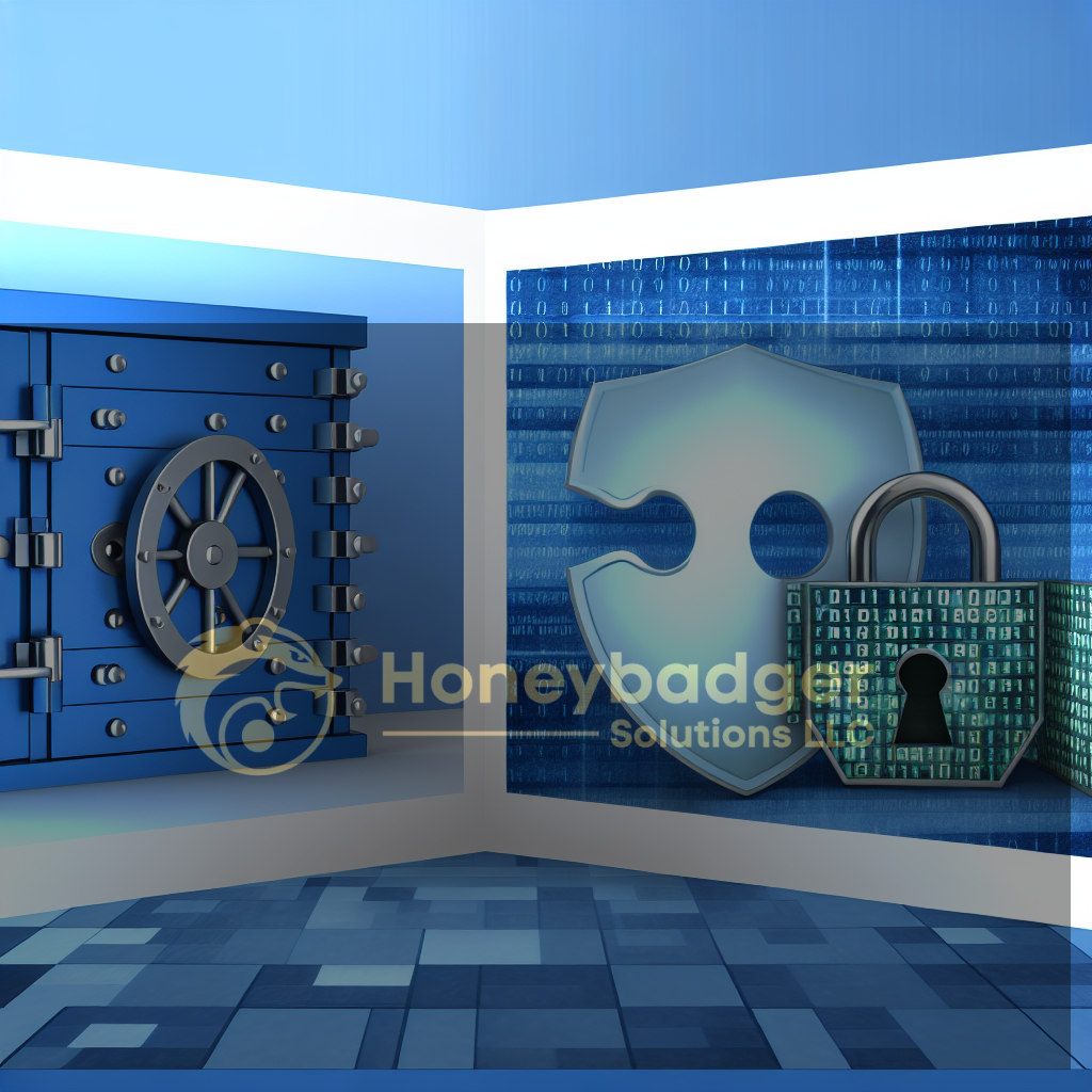 A blue safe and a digital lock symbolizing security in a digital environment.