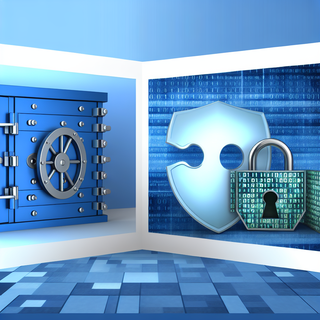 A blue safe and a digital lock symbolizing security in a digital environment.