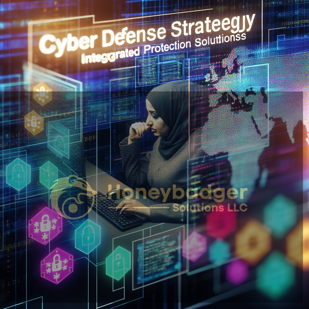 Woman wearing a hijab at a computer surrounded by neon blue and multicolor digital security icons and a world map, representing Cyber Defense Strategy and Integrated Protection Solutions