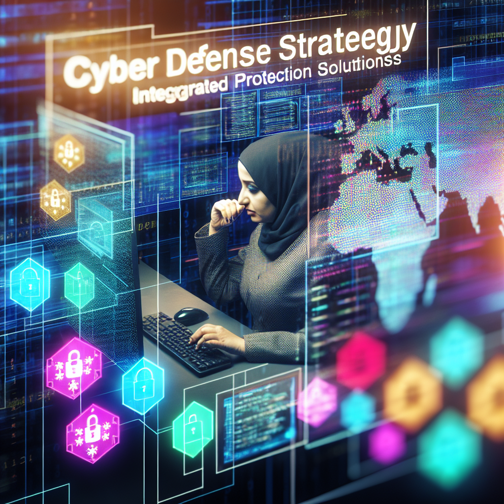 Woman wearing a hijab at a computer surrounded by neon blue and multicolor digital security icons and a world map, representing Cyber Defense Strategy and Integrated Protection Solutions