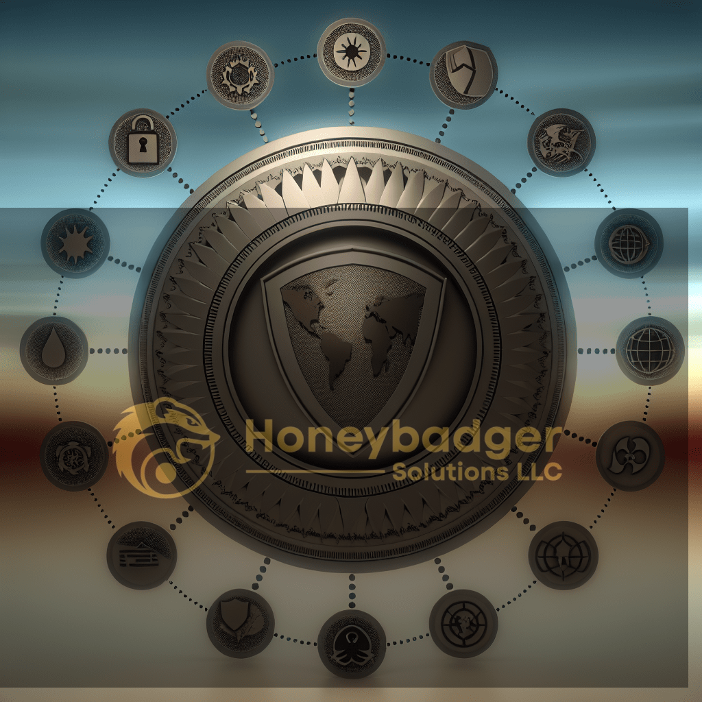Honeybadger Solutions shield emblem with world map centerpiece surrounded by circular security icons representing threat intelligence, risk assessment, and global protection