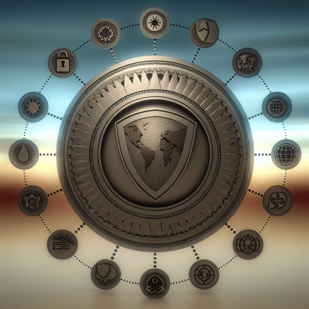 Honeybadger Solutions shield emblem with world map centerpiece surrounded by circular security icons representing threat intelligence, risk assessment, and global protection