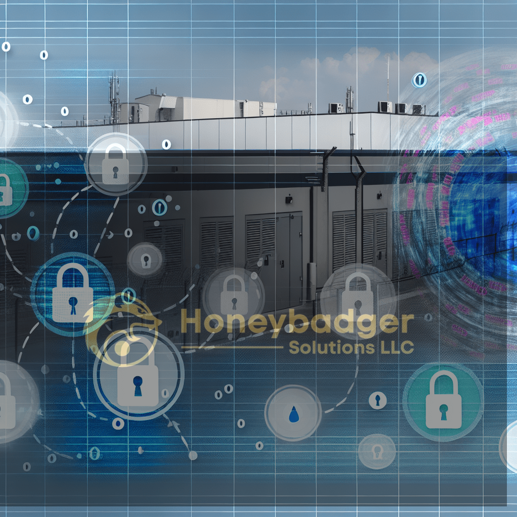 Blue glowing security illustration featuring multiple padlocks, digital locks, and a data center facade, referencing Honeybadger Solutions and integrated cyber-physical defense concepts.
