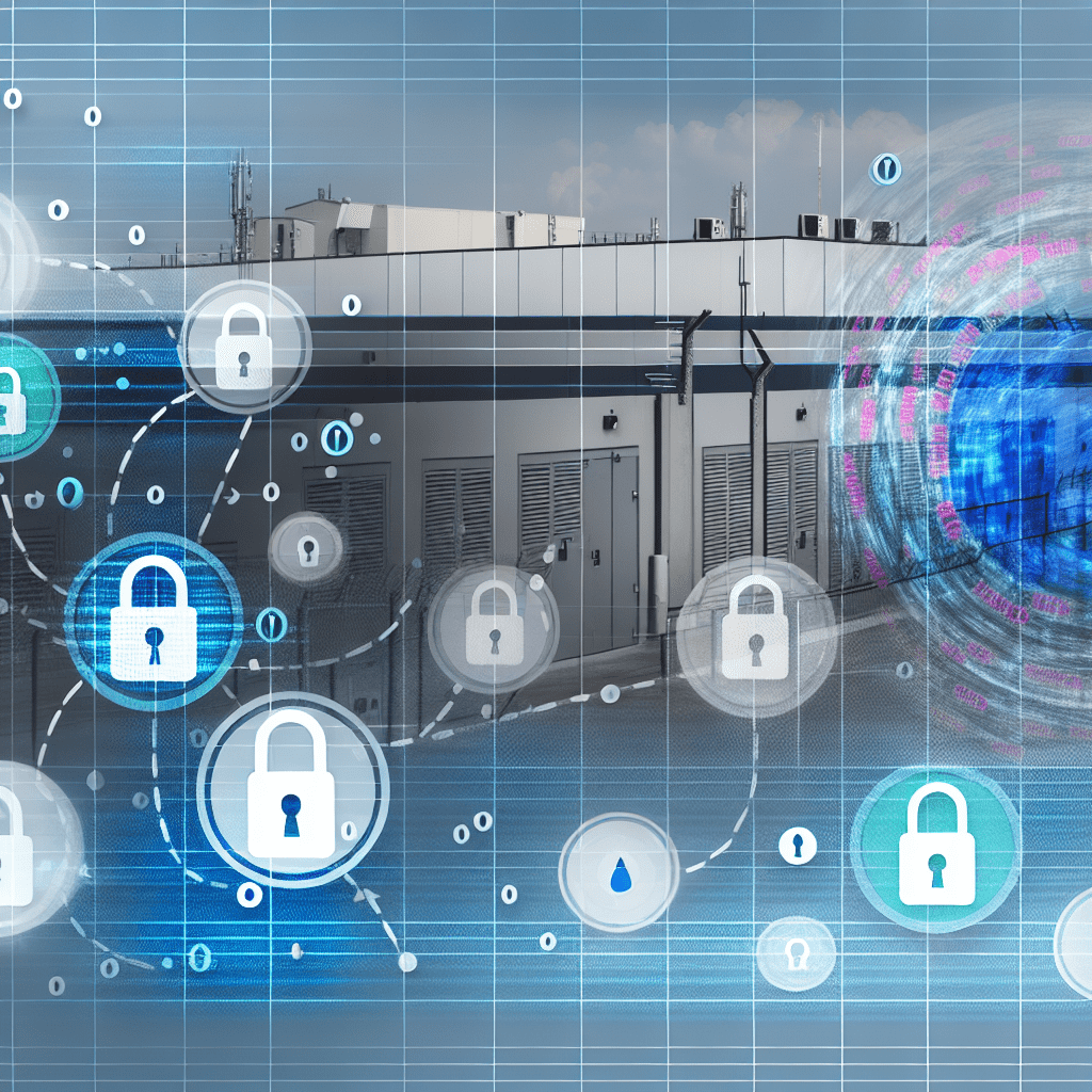 Blue glowing security illustration featuring multiple padlocks, digital locks, and a data center facade, referencing Honeybadger Solutions and integrated cyber-physical defense concepts.