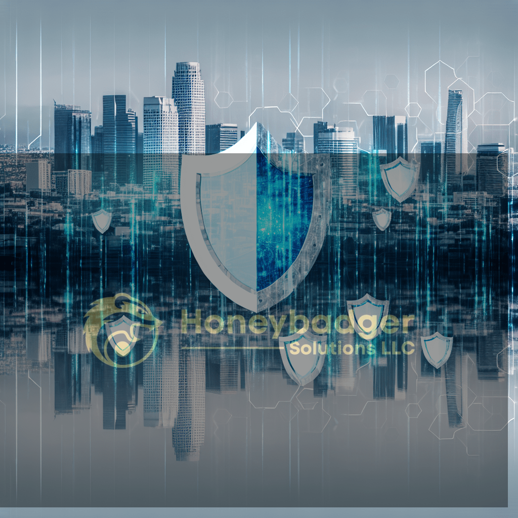 Blue digital shield overlaying a city skyline with holographic security elements, representing Honeybadger Solutions' integrated cyber and physical security concept