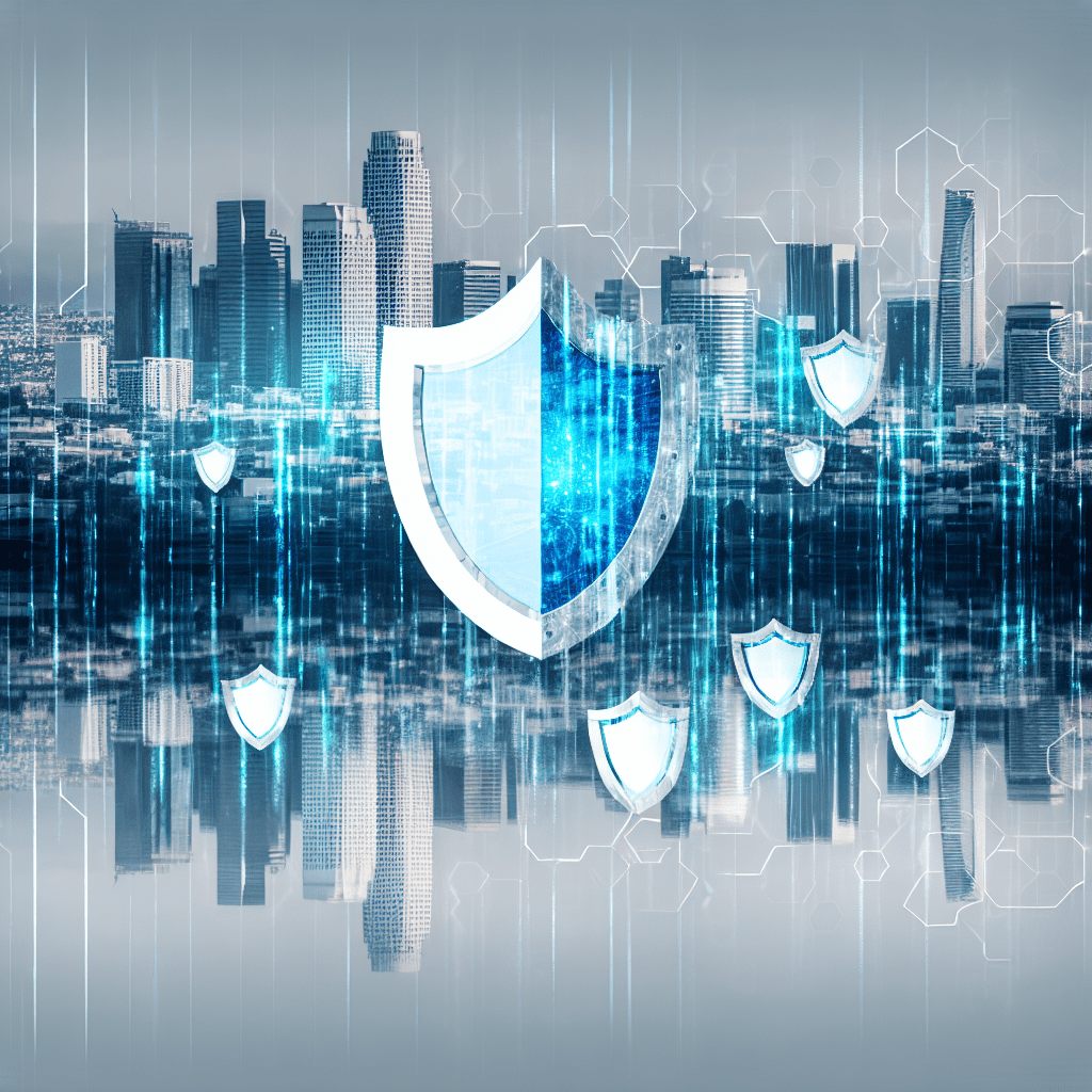 Blue digital shield overlaying a city skyline with holographic security elements, representing Honeybadger Solutions' integrated cyber and physical security concept