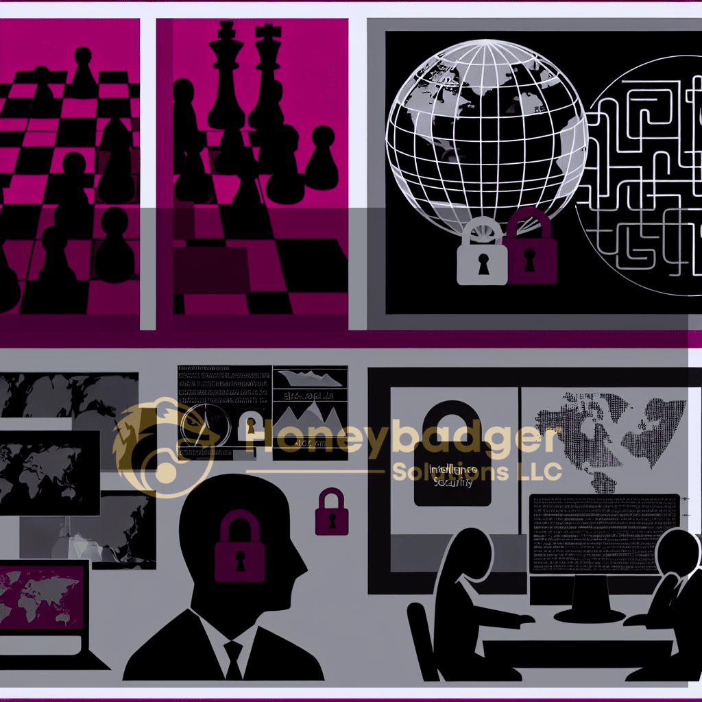 A stylized cybersecurity collage featuring a purple and black color scheme, a globe with security locks, and silhouettes of monitors and analysts, representing Honeybadger Solutions cybersecurity theme.