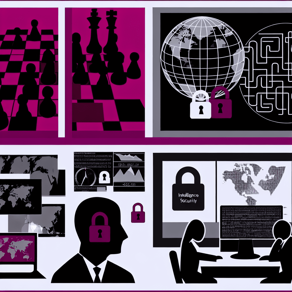 A stylized cybersecurity collage featuring a purple and black color scheme, a globe with security locks, and silhouettes of monitors and analysts, representing Honeybadger Solutions cybersecurity theme.