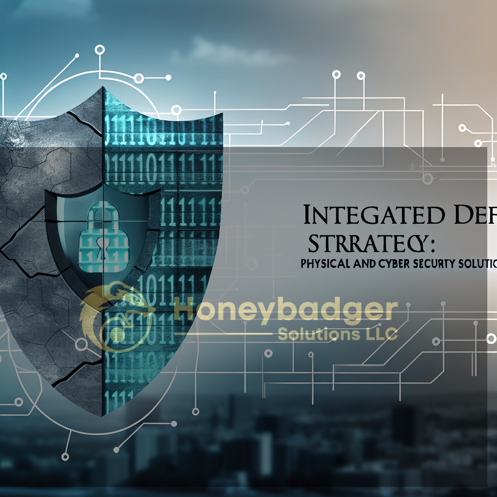 Honeybadger Solutions shield with blue digital circuitry and lock icon illustrating integrated defense strategy in physical and cyber security concepts.
