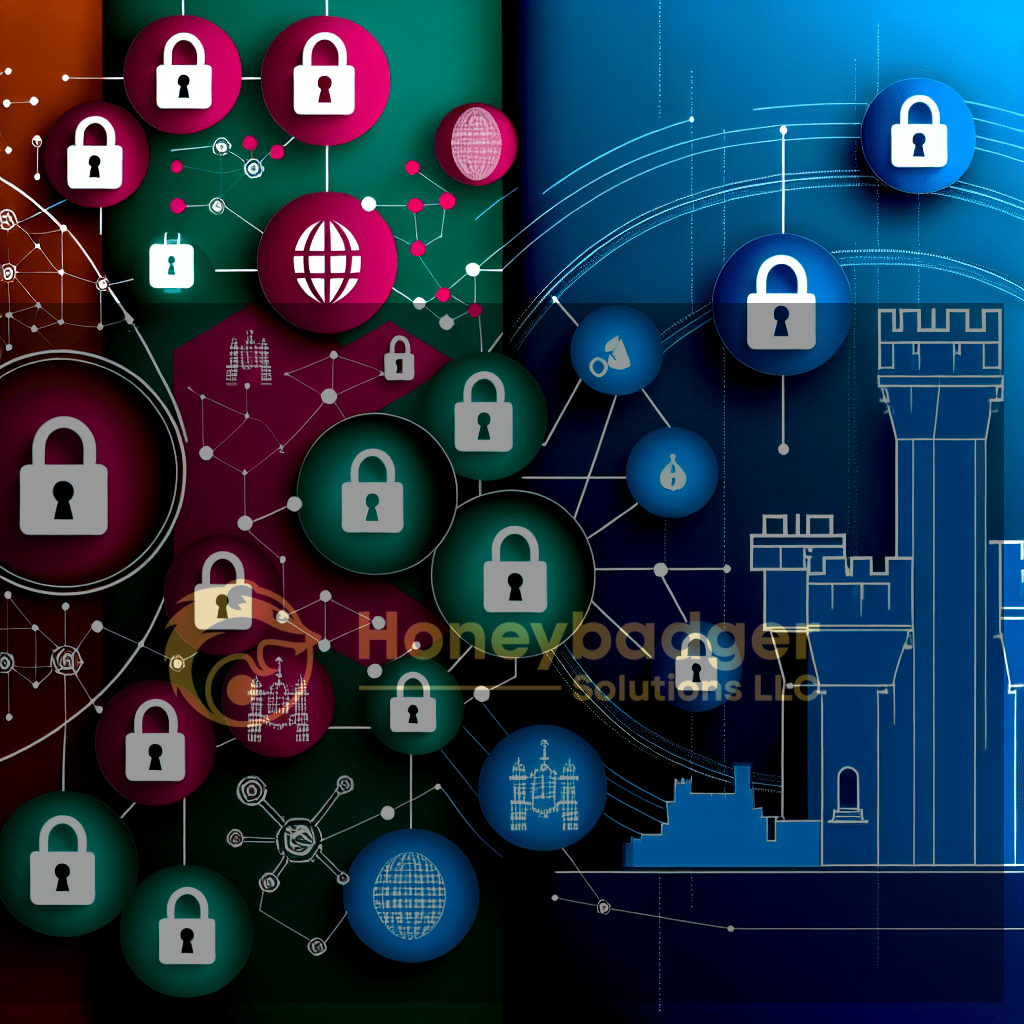 Blue and teal circular lock icons connected by network lines with castle outlines on the right, representing Honeybadger Solutions' cyber and physical security concepts.