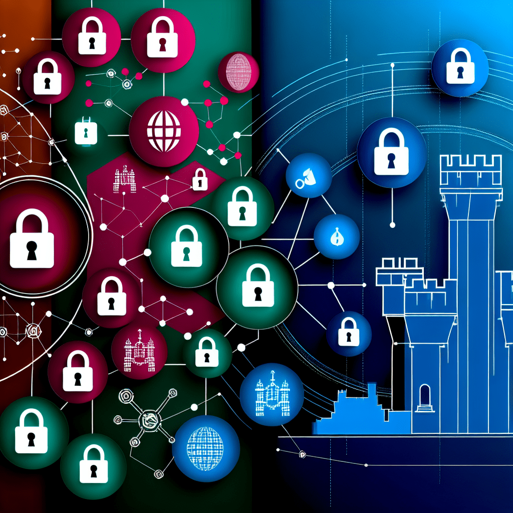 Blue and teal circular lock icons connected by network lines with castle outlines on the right, representing Honeybadger Solutions' cyber and physical security concepts.