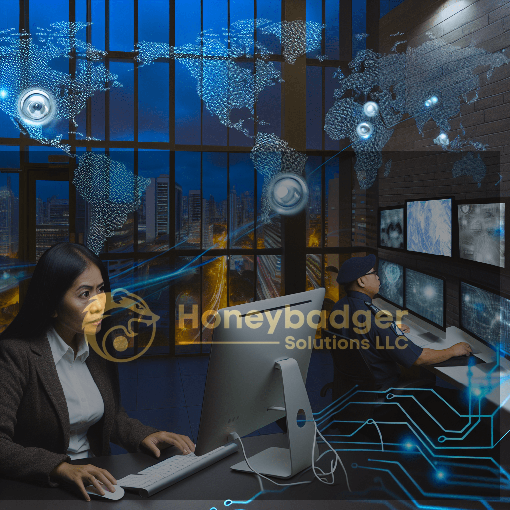 Honeybadger Solutions LLC security operations room featuring a blue world map visualization, multiple monitors, and professionals at work in a high-tech control environment