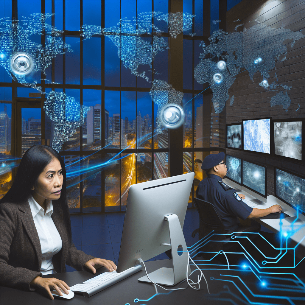 Honeybadger Solutions LLC security operations room featuring a blue world map visualization, multiple monitors, and professionals at work in a high-tech control environment