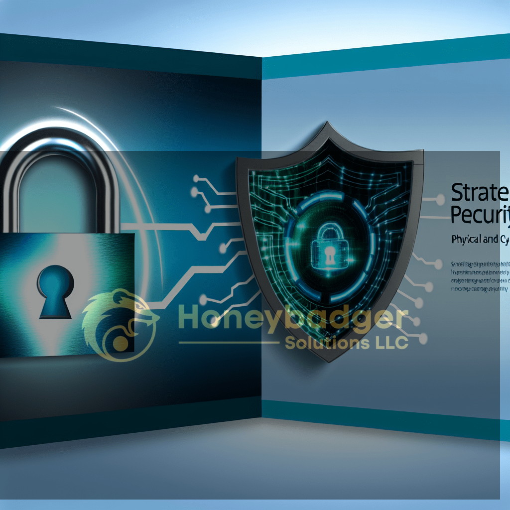 Honeybadger Solutions LLC branding alongside a glowing blue shield emblem representing Strategic Integrated Security and Physical and Cyber Protection concepts